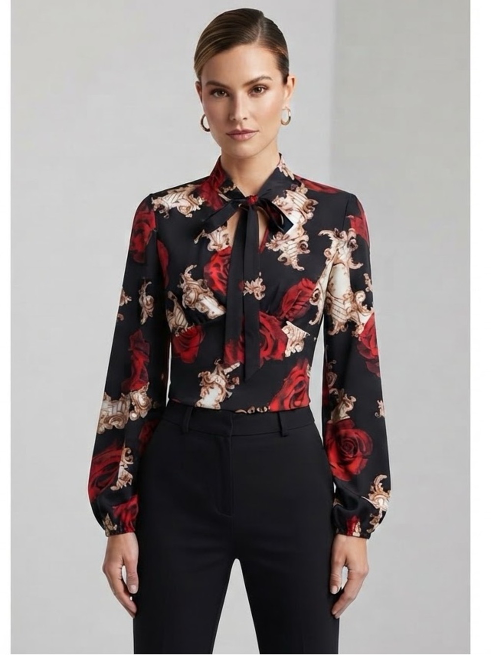 SHEIN Rose Baroque Print Long Sleeve Tie Neck Blouse Black Red XL US 12